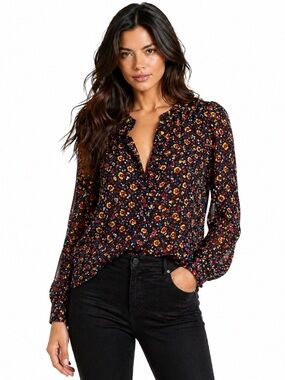 Sézane Floral Silk Blend Button Front Blouse Black Multicolor Size 2 / 34